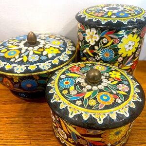 Bright multicolor set of 3 retro Daher tin canisters